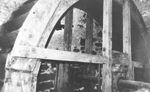 Schwepnitz-Cosel. Bollbuck Mühle, Wasserrad, Detail, März 1984, Repro (Bildersammlung Hubertus Boden, Klipphausen)