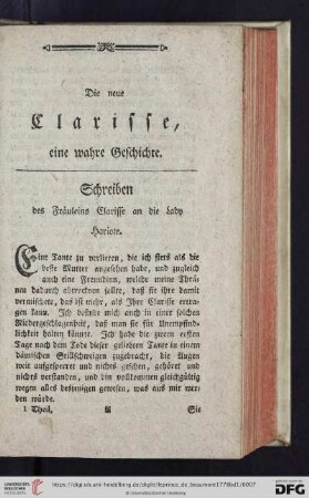 [Briefwechsel des Fräuleins Clarisse mit Lady Hariote]