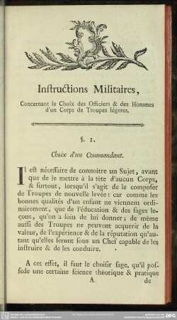 Instructions Militaires, Concernant le Choix des Officiers & des Hommes d'un Corps de Troupes légeres