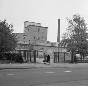 Hartsteinwerk "Glückauf": Willinghusener Landstraße: Werksgelände nach Stilllegung: Eingangstor: davor zwei Frauen: dahinter Werksgebäude mit Schornstein: rechts und links Bäume
