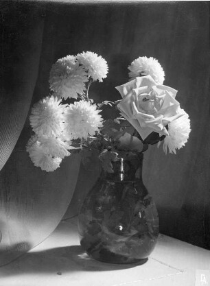 Chrysanthemen in Vasen. Ansicht zusammen mit einer Rose in einer Rauchglasvase
