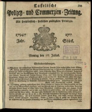 27tes Stueck, Montag den 7ten Julius 1794