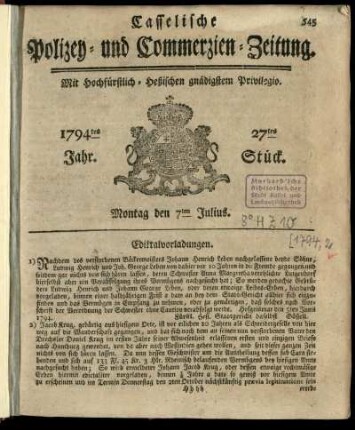 27tes Stueck, Montag den 7ten Julius 1794