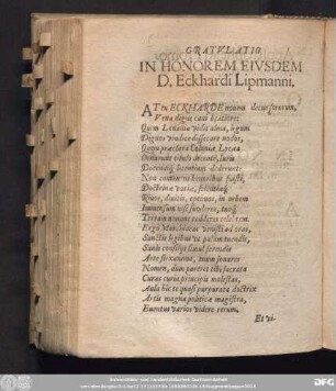 Gratulatio In Honorem Eiusdem D. Eckhardi Lipmanni.