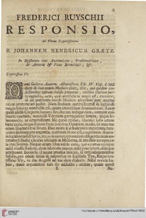 Frederici Ruyschii responsio, ad virum expertissimum. D. Johannem Hendricum Graetz […]