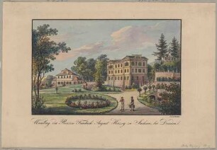 Die alte Königliche Villa (Palais) des Königs Friedrich August II. am Weinberg in Wachwitz bei Dresden, links das alte Gärtnerhaus, später Küchenhaus, rechts die neogotische Kapelle