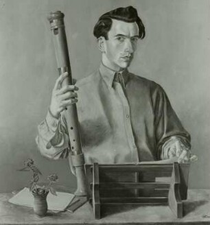 Selbstbildnis mit Flöte : Nehmer, Rudolf: Selbstbildnis mit Flöte. 1938. Öl auf Holz; 85 x 90 cm. Nachlaß des Künstlers