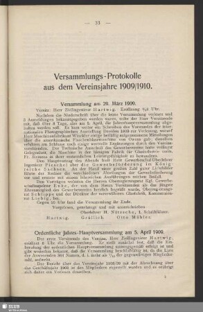 Versammlungs-Protokolle aus dem Vereinsjahre 1909/1910