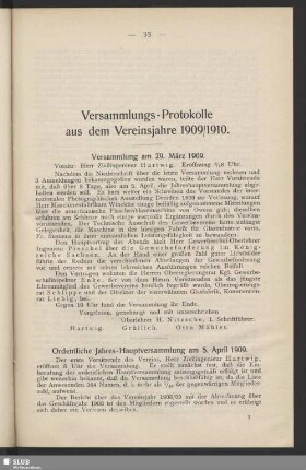 Versammlungs-Protokolle aus dem Vereinsjahre 1909/1910