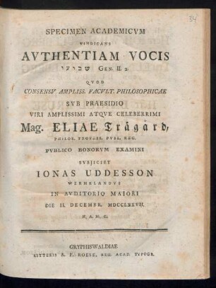 Specimen Academicvm Vindicans Avthentiam Vocis [...] Gen. II. 2.