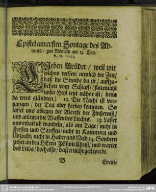 Epistel am ersten Sontage des Advents