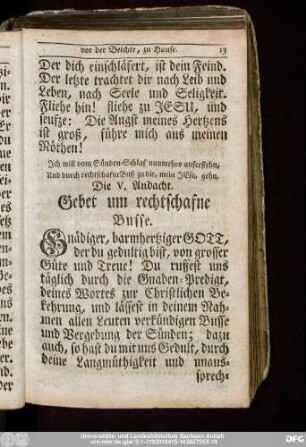Die V. Andacht. Gebet um rechtschafne Busse.