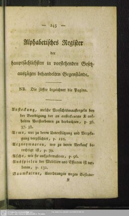 Alphabetisches Register der hauptsächlichsten in vorstehenden Gesetzauszügen behandelten Gegenstände