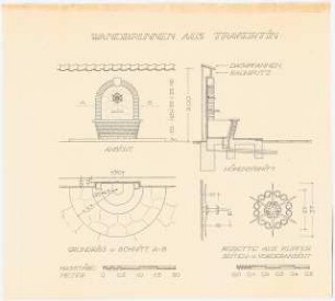 Garten Allinger, Berlin-Dahlem: Wandbrunnen aus Travertin: Grundriss, Ansicht, Schnitt, Maßstabsleiste