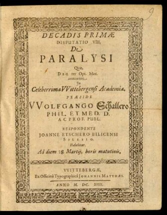 Decadis Primae Disputatio VIII, De Paralysi