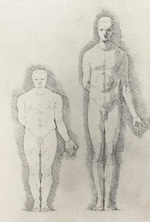 Untersetzter und schlanker Mann von vorn vor schraffiertem Grund : Dresdner Skizzenbuch (1507/1528). Untersetzter und schlanker Mann von vorn vor schraffiertem Grund (aus: R. Bruck: Das Skizzenbuch von Albrecht Dürer, Straßburg 1905, Tafel 17, Blatt 103 b, Str. 74, Kriegsverlust). Dresden: SLUB Mscr.Dresd.R.147.f