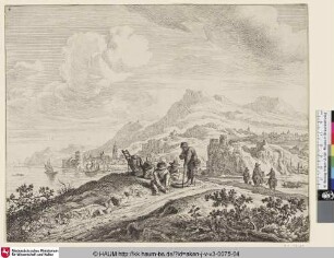 [Ansicht des Rheintals mit rastenden Reisenden auf einem Hügel; Le repos des voyageurs; View of the Rhine]