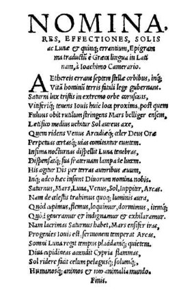 Nominares, Effectiones, Solis ac Lunӕ & quinq[ue] errantium, Epigramma traductu e Grӕcӕ lingua in Latinam, a Ioachimo Camerario.