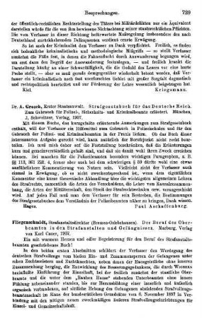 729-732, Fliegenschmidt. Der Beruf des Oberbeamten in den Strafanstalten und Gefängnissen. 1907