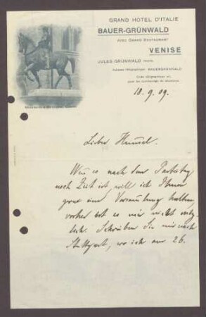 Postkarte von Friedrich Payer, Grand Hotel d'Italie Bauer-Grünwald, Venedig, an Hermann Hummel: Terminabsprachen zwecks Versammlung, 1 Schreiben