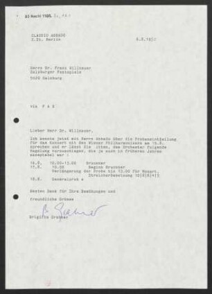Brief an Franz Willnauer an Salzburger Festspiele, 06.08.1990