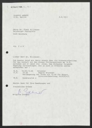 Brief an Franz Willnauer an Salzburger Festspiele, 06.08.1990