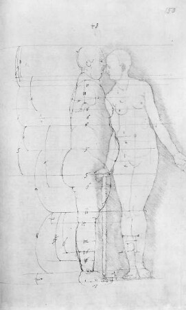 Frau seitlich und von vorn, auf einen Stock gestützt mit Proportionsangaben : Dürer, Albrecht (1471-1528). Frau seitlich und von vorn, auf einen Stock gestützt mit Proportionsangaben. Zeichnung aus dem Dresdner Skizzenbuch; circa 29,2 x 20,7 cm. Druck (Blatt 150). Dresden: SLUB Mscr.Dresd. R 147, f