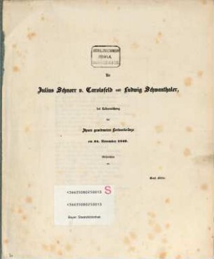 An Julius Schnorr v. Carolsfeld u. Ludwig Schwanthaler bey Überreichung der Thurn gewidmeten Lorbeerkränze am 24. Nov. 1842