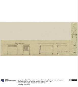 Darmstadt, Grosses Glückerthaus, Speisezimmer, Aufrisse und Seitenansichten von Serviertisch und Ausziehtisch sowie Aufriss eines Blumenständers