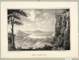 Die Bastei oberhalb von Rathen in der Sächsischen Schweiz, Blick auf Lilienstein und Königstein, rechts der Felsen mit der Basteiaussicht