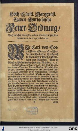 Hoch-Fürstl. Marggräfl. Baden-Durlachische Feuer-Ordnung.