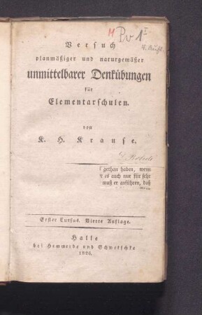 Cursus 1: Versuch planmäßiger und naturgemäßer unmittelbarer Denkübungen für Elementarschulen