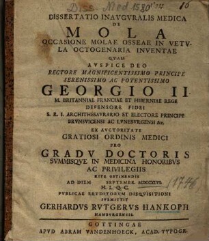 Dissertatio Inavgvralis Medica De Mola Occasione Molae Osseae In Vetvla Octogenaria Inventae