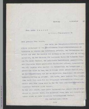 Brief von Helene Lange an Adele Meurer