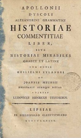 Apollonii Dyscoli Alexandrini Grammatici Historiae commentitiae liber sive historiae mirabiles : Graece et Latine