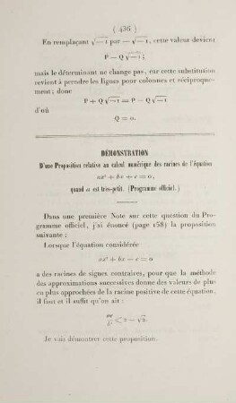 Démonstration d'une proposition relative au calcul numérique des racines de l'équation ..., quand a est trés-petit. (Programme officiel.)