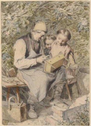 Kinderszene - ein Handwerker repariert zwei Kindern eine Puppenwiege