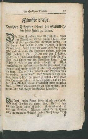 Fünffte Lehr. Heiliger Tiberius lehret die Schuldigkeit seine Feind zu lieben.