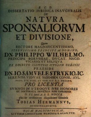 Dissertatio Ivridica Inavgvralis De Natvra Sponsaliorvm Et Divisione
