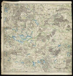 Blattna; [ohne Titel]; ohne Verfasser; ohne Maßstab; 62 x 62 cm; Kartenrand: Sabieschin-Mischowitz-Nereitez; Tschimetitz-Czerhenitz-Boschowitz; Chrastowitze-Kleinthurnau-Bametitz; Papier; Federzeichnung mit Schraffen; Siedlungen im Grundriß; Gewässer, Talauen und Wälder in Wasserfarben.