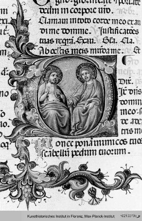 Breviarium Fratrum Minorum cum psalterio et kalendario : Textseite mit historisierter Initiale O (?): Christus und Apostel