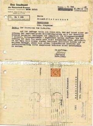 Schreiben des Stadtamtes Bremen mit der Mitteilung, dass auf Anordnung der Amerikanischen Militär-Regierung derzeit keine Ersatzleistungen für Kriegsverluste gezahlt werden - Nachlass