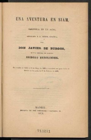 Una aventura en Siam : zarzuela en un acto, arreglada á la escena española