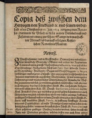 1r-2v, Copia dess zwischen dem Hertzogen von Friedland...