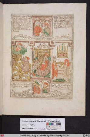 Drei biblische Szenen umgeben von vier Propheten. Links der brennende Dornbusch, mittig Christi Geburt, rechts Aarons blühender Stab.