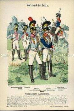 Uniformdarstellung, Offiziere, Kürassier und Trompeter des 1. und 2. Kürassier-Regiments, Königreich Westphalen, 1809/1812.