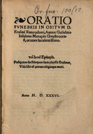 Oratio funebris in obitum D. Erasmi Roterodami