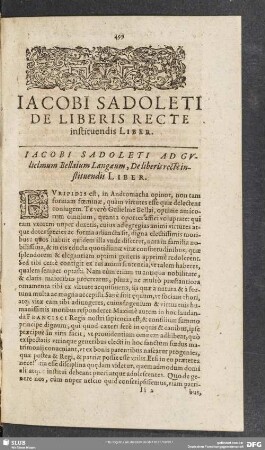 Iacobi Sadoleti De Liberis Recte instituendis Liber