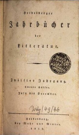Heidelberger Jahrbücher der Literatur. 12,2, 12,2 = H. 7/12. 1819