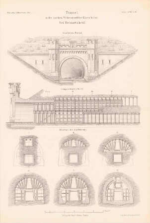 Bergisch-Märkische Eisenbahn Gemmenicher Tunnel, Aachen (Tunnel de Botzelaer): Ansicht von Osten, Längsschnitt, Querschnitte (aus: Atlas zur Zeitschrift für Bauwesen, hrsg. v. G. Erbkam, Jg. 23, 1873)